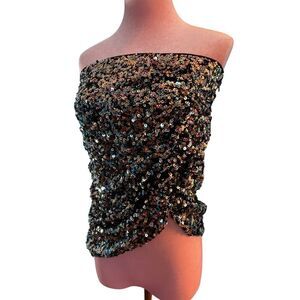 NWOT ASTR the Label Sequined Tube Top Ruched Detail Black Rainbow Sequin Lined M